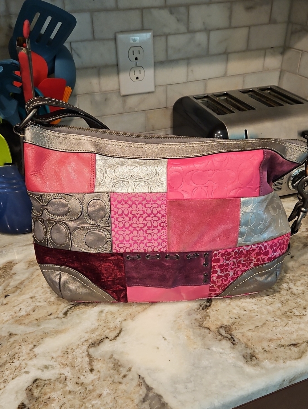 Coach Patchwork Pink and Silver Leather Shoulder Bag